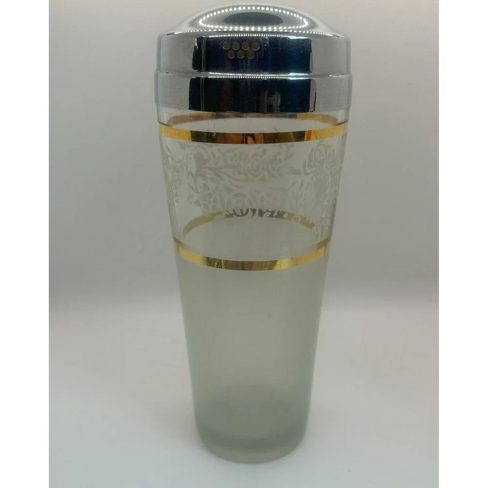 Vintage Frosted Glass Bar Straw Holder Gold‎ Band Chrome Top Mid Century